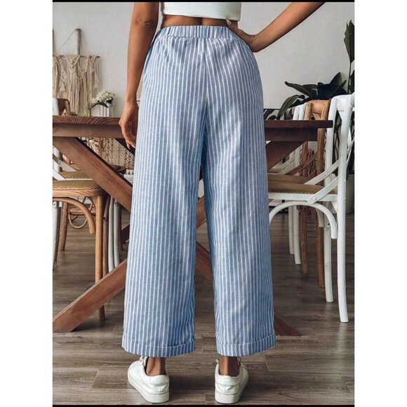 Wide leg striped boho pants drawstring tie waist white tan - Picture 4 of 4